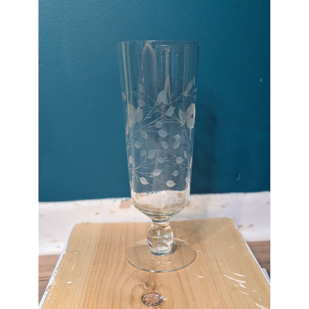 Vintage Etched Cut Floral Crystal Glass Footed Vase 10”
